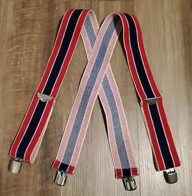 Vintage Red White Blue Thick Stripe Clip Suspenders 2  Wide Trouser Pants Braces • $24.99