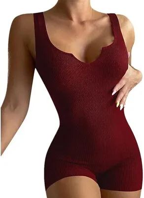 Womens Sexy Ribbed Sleeveless Bodysuit Stretchy Fit Leotard Romper Jumpsuit • £9.99