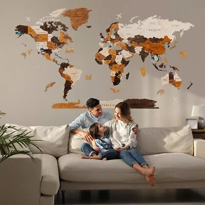$239 • Buy 3D Wood World Map Travel Wall Art Wooden Interior Living Room Decoration Kitchen