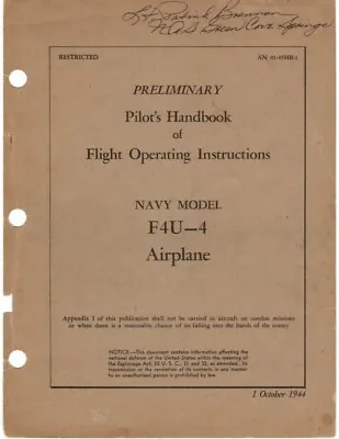 1944 Vought F4u-4 Corsair Fighter Preliminary Pilots Flight Manual Handbook-cd • $24.99