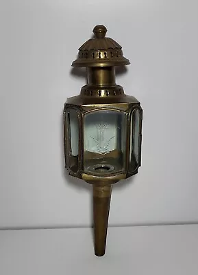 Antique Vintage Large Brass Carriage Coach Lamp Lantern Etched Glass 20in • £78