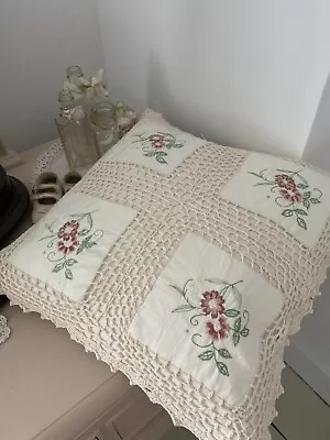 BEAUTIFUL Cream EMBROIDERY Floral Lace Crochet Cover Feather CUSHION Soft Cotton • £11.55