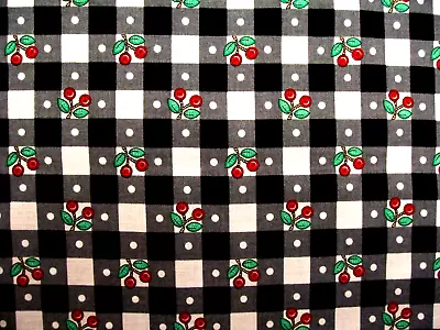 Mary Engelbreit Black White Check Plaid Gingham Cherries Cotton Fabric • $7.95