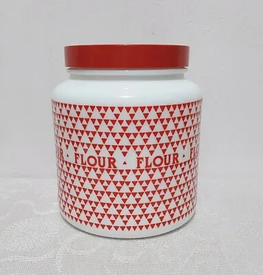 CLP Vintage White Milk Glass Flour Cannister. Red Triangles Screw Top. Belgium • £9.50