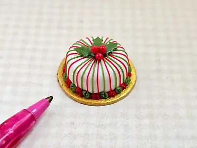 Miniature TS Christmas Cake W/Red And Green Stripes + Holly - DOLLHOUSE 1:12 • $7.29