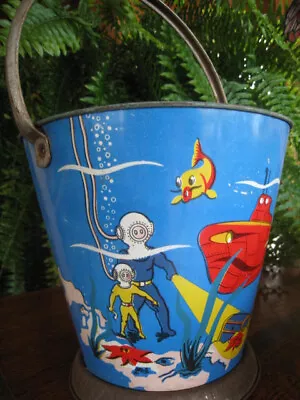 Vintage 1950's  Tin Litho Metal Sand Bucket Pail Submarine's Scuba Divers FRANCE • $125