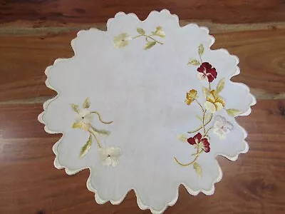 Antique Hand-Embroidered Doily Royal Silk Society 13  Embroidery Pansy Pansies • $20
