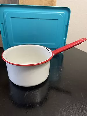 Enamelware 5  Metal Sauce Pan Cooking Pot White W/Red Trim Vintage Enamel Ware • $10