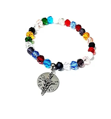 Medical Alert Bracelet SOS Warning Stretch 8mm Crystal Beads & Charm 9  REDUCED • £6.99