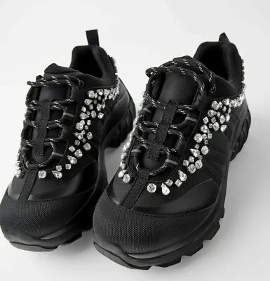 $89.99 • Buy Zara Black Bejeweled Sneakers  Size Eur 37/ Us 6.5/ Uk 4 Ref. 7426/001