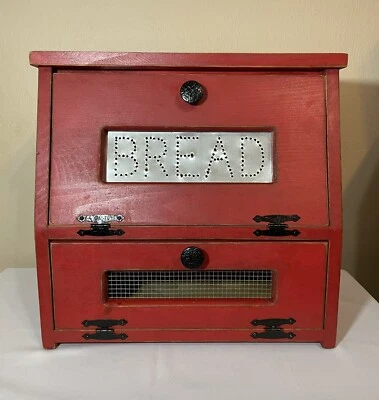 $96 • Buy Farmhouse Wood & Punched Tin Bread Box Potato Onion Bin Barn Red Finish