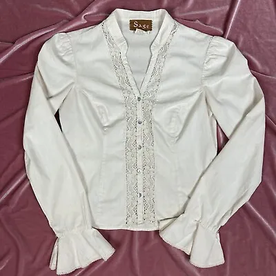 $30 • Buy Sage Womens Blouse Button Down Size Small Beige Crochet Inlay Trumpet Sleeves