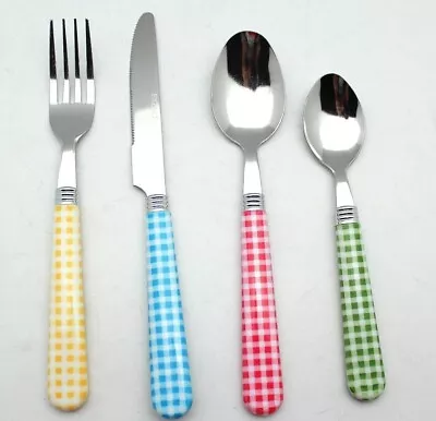 EXZACT Cutlery Set Stainless Steel With Gingham Check Coloured Handles 24pcs • £12.68