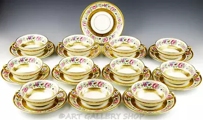 Antique Limoges MARSHALL FIELD GOLD & FLORAL CREAM SOUP BOWLS & SAUCERS Set 11 • £462.30