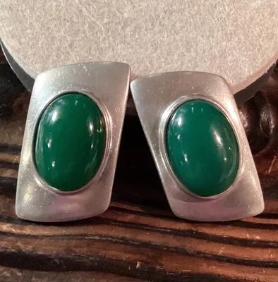 $18.30 • Buy Ben Amun 1980's Oval Green Cabochon Statement Pewter Earrings Clip-On