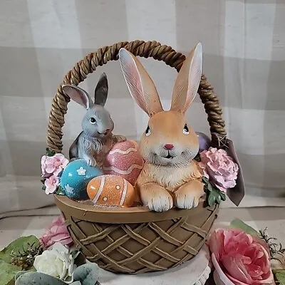 Martha Stewart Home Spring Easter Basket W/ Bunnies Flowers & Eggs Figurine 13  • $48.95