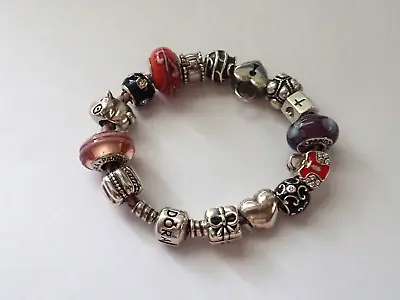 $135 • Buy Authentic PANDORA Leather BRACELET, 17 Cm, With 9 PANDORA And 6 Generic CHARMS