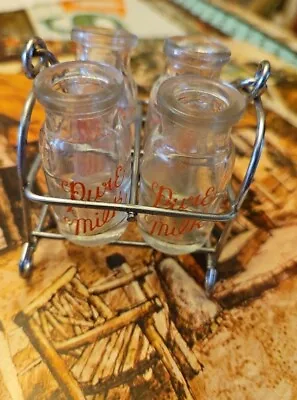 Miniature VTG Lot Of 4  Pure Milk Glass Bottles 1.75  Each  In Metal Carrier  • $32.99