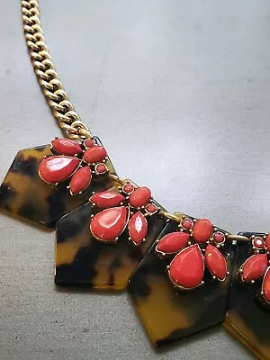 EUC J.Crew Necklace Tortoise Shield Coral Faceted Rhinestone Crystal EXCELLENT • $24.99