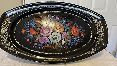 VTG Toleware Metal Tray Hand Painted Flowers With Black Gold Trim • $25