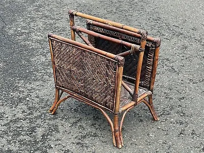 Vintage Wicker Bamboo Rattan Magazine Newspaper Rack Basket Mid Century • $49.99