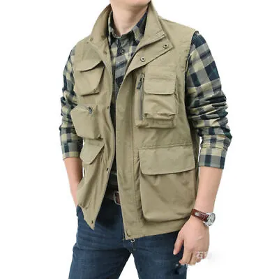 Men Waistcoat Multi Pockets Sleeveless Cargo Jacket Vest Gilet Fishing Zip Tops • £20.99