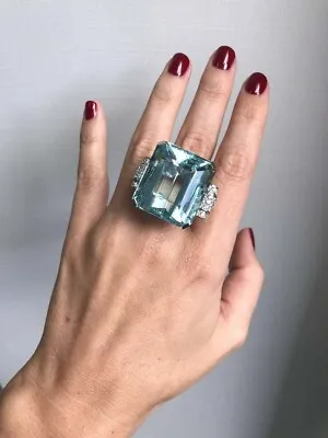 Estate 80.40 Ct Large Emerald Cut Aquamarine With CZ Accents Women Wedding Ring • $301.50