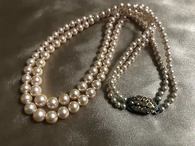 VINTAGE LOTUS Double Strand Faux Pearl Necklace Fancy Rhinestone Clasp #S • £14.79