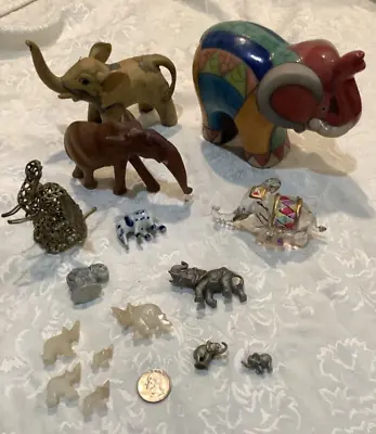 Mixed Lot Of 15 Elephant Figurines-Various Wood Metal Crystal Stone + • $11.99