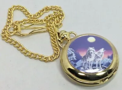 Pocket Watch With Chain Wolf Wolves Moon Expired Battery Fast Free Shipping! • $16.88