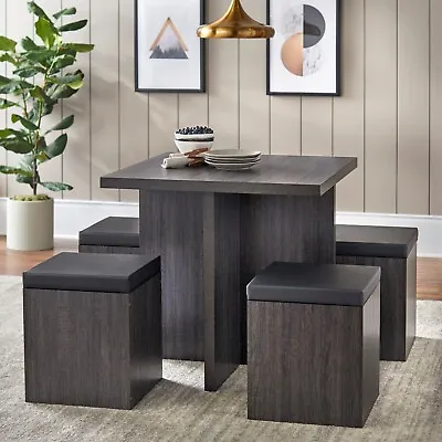 Modern Kitchen 5 Pc Dining Set Table Padded Storage Ottoman Stool Chairs Gray • $198.99