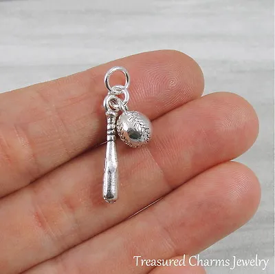 Silver Baseball And Bat Charm - Softball Allstar Baseball Mom Pendant NEW • $11.95