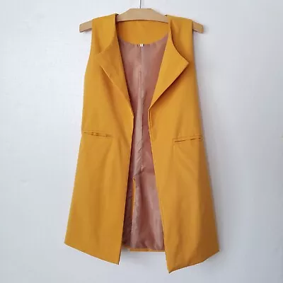 Mustard Yellow Womens S Sleeveless Vest Long Blazer Open Front Trench Coat Fall • $24.99