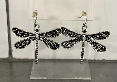 VINTAGE Dragonfly Silver Tone With Rhinestones Insect Dangle Earrings • $9.95