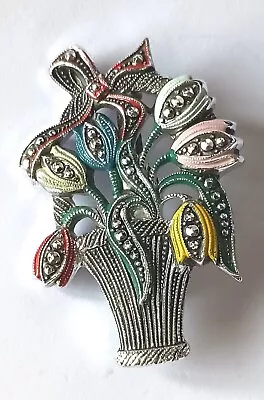 Vintage WEST GERMANY Flower Pot Brooch W/ Marcasite & Enamel Flowers And Ribbon • $17.95