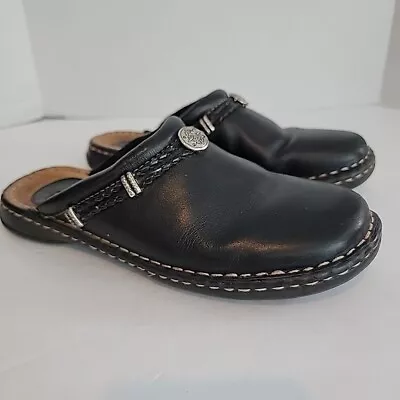 Minnetonka Womens Sz 8 Black Leather Slides Mules Shoes Embellished Loafers • £19.24