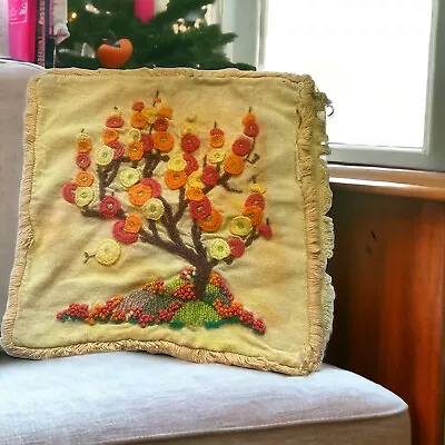 Vintage Crewel Embroidery Pillow Mid Century Boho Cottage Core • $29.99