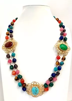 Signed Vintage NAPIER Multi Strand Art Glass Bead Cabochon Goldtone Necklace • $49.99