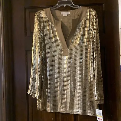 NWT Michael Kors Sequins Galore Gold LS Tunic Top V-neck Bling SHINE Size M • $49.95