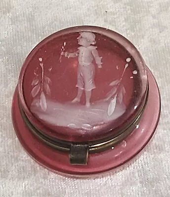 1880 Antique Mary Gregory Ruby Red Cranberry Glass Trinket Pill Box Hand Painted • $89