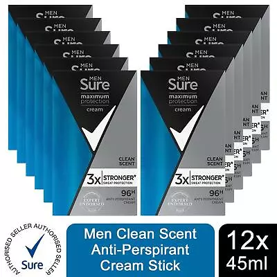 £36.99 • Buy Sure Men Maximum Protection Clean Scent Anti-Perspirant Deodorant, 12 Pack, 45ml