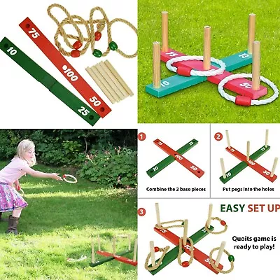Wooden Garden Quoits Indoor Outdoor Family Pegs Kids Rope Hoopla Game Ring Toss • £8.90