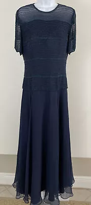 MONTAGE By Mon Cheri Navy Blue Beaded Chiffon Formal Short Sleeve Gown Sz 8 • $29