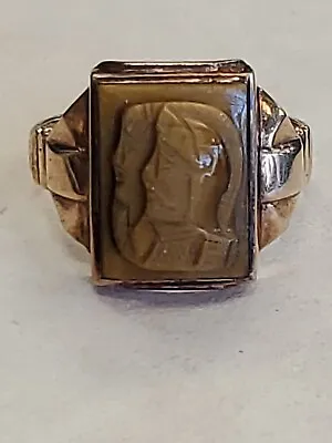 Estate 10KT Yellow Gold Soldiers Carved Tiger Eye Men's Signet Ring Sz 12.5 6.2g • $279.95