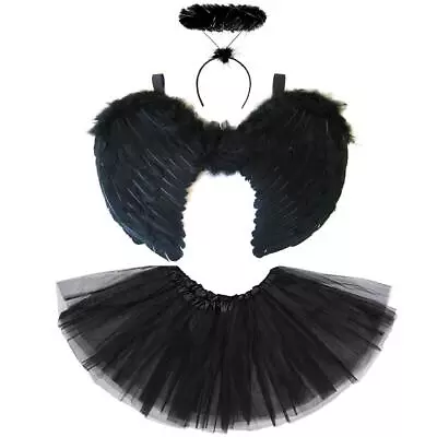 Black Wings Halo & Skirt Fallen Angel Halloween Gothic Fairy Ladies Kids Costume • £6.95