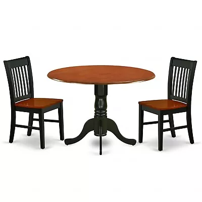 3pc Dinette Set Round Kitchen Drop Leaf Table + 2 Wood Seat Chairs Cherry Black • $390