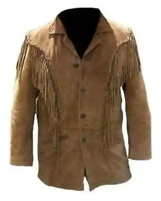 Men Tan Brown Suede Western Cowboy Leather Jacket With Fringe • $129.99