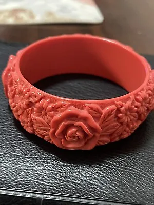 Vintage Bangle Bracelet Orange/red Carved Roses Floral Plastic Lucite? • $14.99