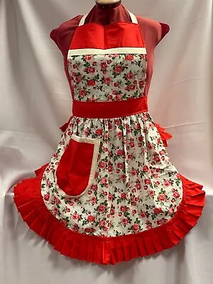 £26.99 • Buy RETRO VINTAGE 50s STYLE FULL APRON / PINNY - PINK ROSES On WHITE With RED TRIM