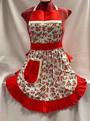£26.99 • Buy RETRO VINTAGE 50s STYLE FULL APRON / PINNY - PINK ROSES On WHITE With RED TRIM